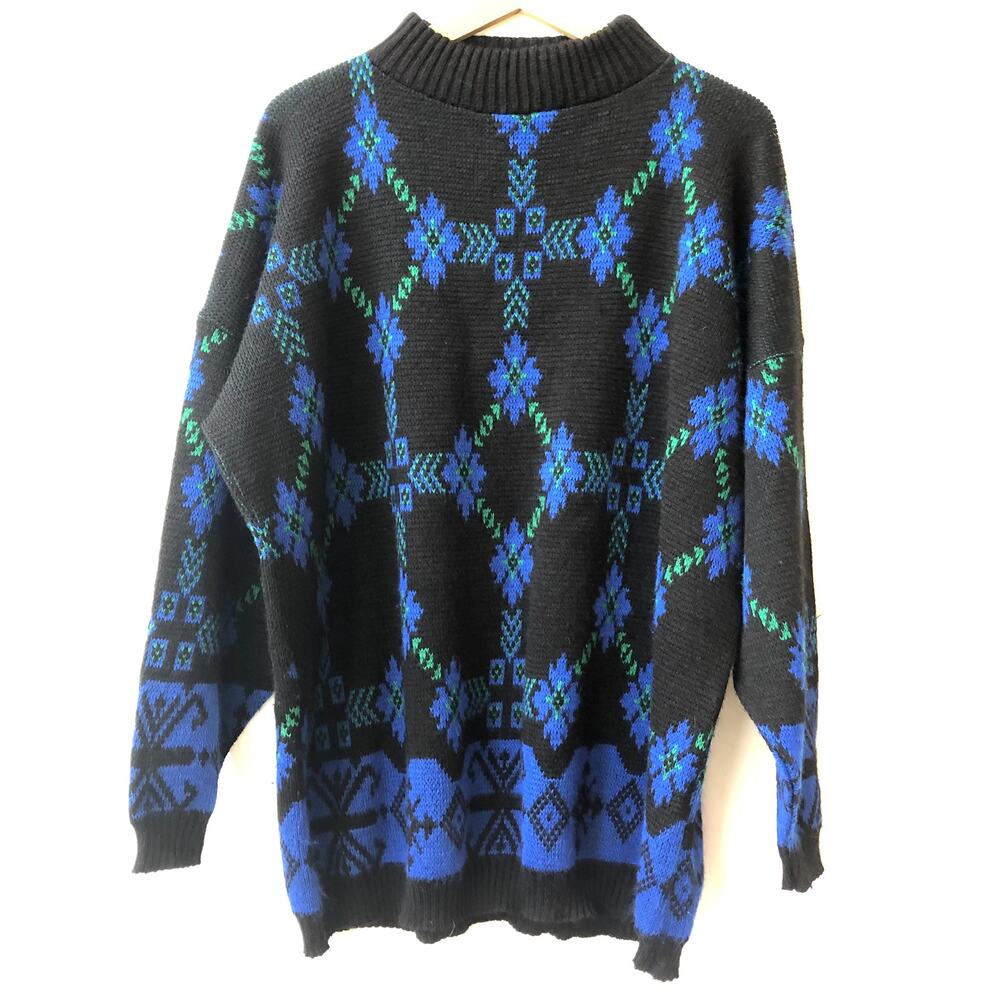 DODOMANI Sweater  Vintage 80's Grandpa Geometric Black Blue Women's Medium